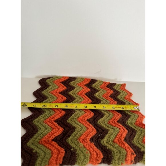 Handmade Chevron Knit Blanket - Brown Orange & Green Zigzag Pattern - 12"x12" - - Picture 2 of 5